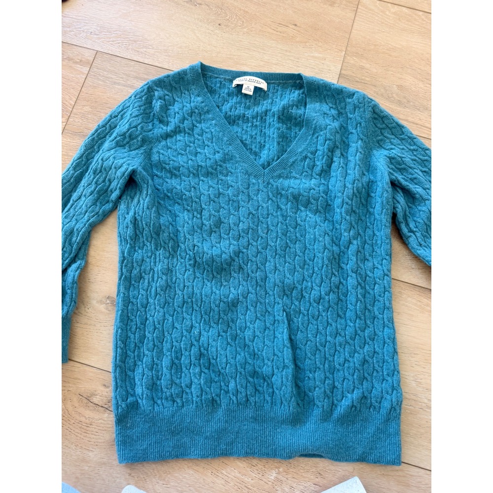 Banana Republic Teal Wool Cashmere Blend Cable Knit V-Neck Sweater Womens M 199